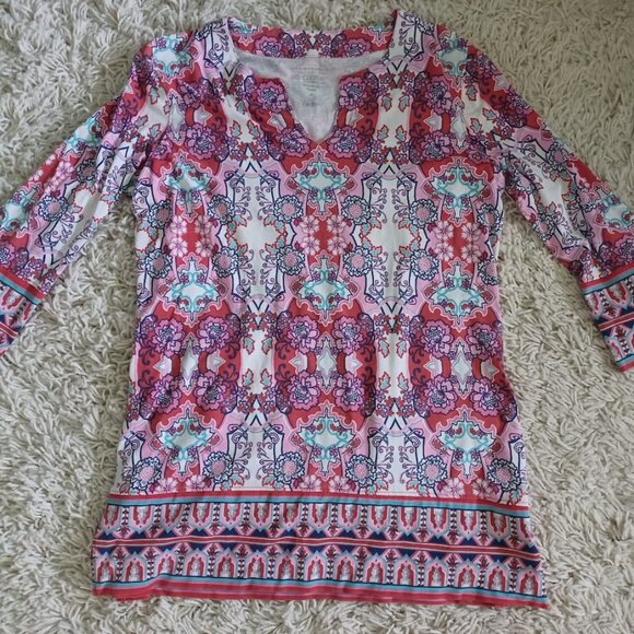 Coolibar UPF 50+ Tunic Top Women's M Pink Geometric Floral 3/4 Sleeve - Picture 1 of 6